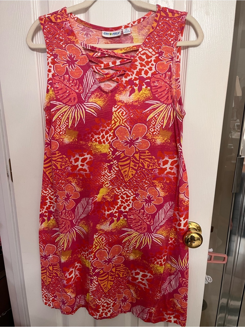 Kiwi Fresh Hot Pink, Coral and Yellow Tropical Sleeveless Mini Dress